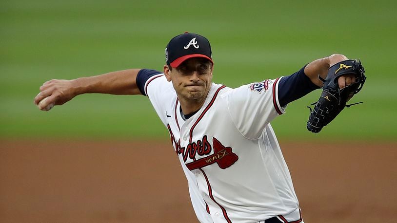 Atlanta Braves pitcher Charlie Morton works against the Miami Marlins in the first inning of a baseball game Saturday, Sept. 11, 2021, in Atlanta. (AP Photo/Ben Margot)