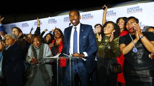 Atlanta Mayor-elect Andre Dickens gives a victory speech on election night, Tuesday, Nov. 30, 2021, at the Gathering Spot in Atlanta. Curtis Compton / Curtis.Compton@ajc.com