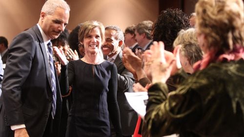 Former U.S. attorney general Eric Holder with former acting U.S. attorney general Sally Yates at the Carter Center in Atlanta in February. Henry Taylor, henry.taylor@ajc.com
