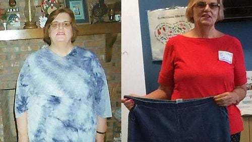 Elizabeth A. Miller weighed 310 pounds in 2014, when the phone on the left was taken. Her weight was 175 pounds in the photo on the right, taken this past July 7. “Those bluejean pants I’m holding are the same ones as those in my before photo — and I can now get into just one leg,” said Miller. (photos contributed by Elizabeth A. Miller)