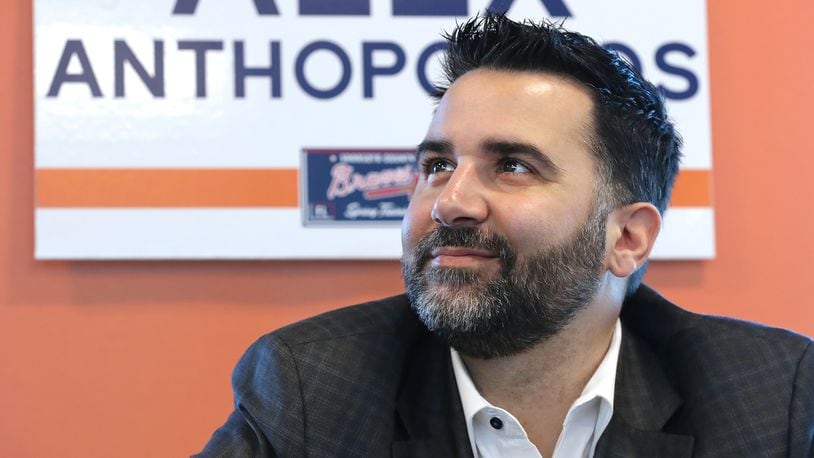 Alex Anthopoulos takes questions during his press conference at spring training at the Atlanta Braves CoolToday Park on Sunday, Feb. 16, 2020, in North Port.  Curtis Compton ccompton@ajc.com