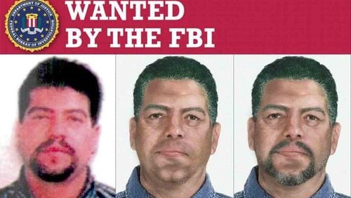 On left, a photograph of Mauro Ociel Valenzuela-Reyes taken in 1996. On right, an age-progressed graphic of Valenzuela-Reyes with differing facial hair. (courtesy of the FBI)