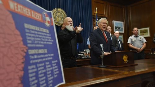 September 8, 2017 Atlanta - Gov. Nathan Deal speaks to members of the press during a news conference to provide Hurricane Irma updates and outline the stateâs emergency preparedness and response efforts at The Georgia State Capitol  on Friday, September 8, 2017. HYOSUB SHIN / HSHIN@AJC.COM