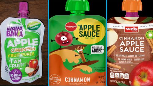 
                        In an undated photo provided by the U.S. Food and Drug Administration, three recalled applesauce products — WanaBana apple cinnamon fruit puree pouches, Schnucks-brand cinnamon-flavored applesauce pouches and variety pack, and Weis-brand cinnamon applesauce pouches — that were manufactured in a plant in Ecuador and linked to lead poisoning in as many as 125 children. Concern about the poisoning cases has highlighted a broader gap in F.D.A. food oversight. (U.S. Food and Drug Administration via The New York Times) — NO SALES; EDITORIAL USE ONLY —
                      