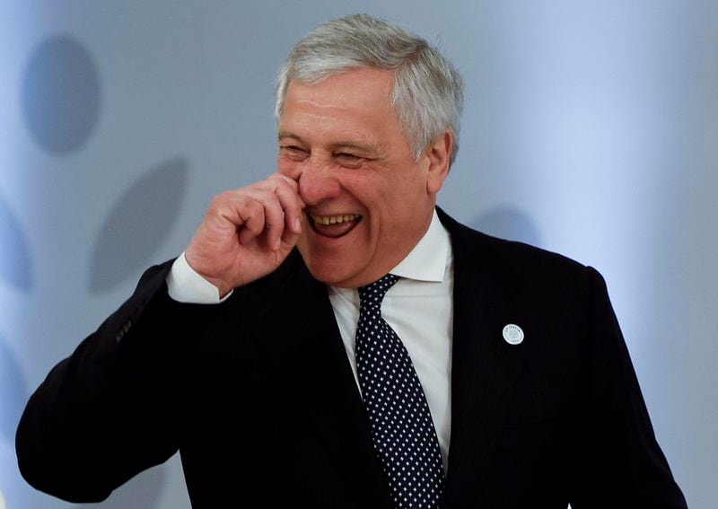 Italian Foreign Minister Antonio Tajani reacts during a meeting on the second day of a G7 foreign ministers meeting on Capri island, Italy, Thursday April 18, 2024. (Remo Casilli/Pool via AP)