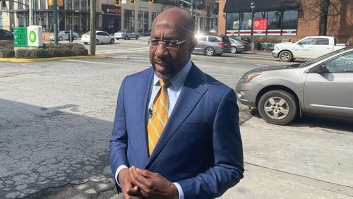 U.S. Sen. Raphael Warnock visits a Sandy Springs BP station to call for a fuel tax holiday to stem rising gas prices.
