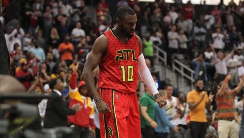 Atlanta Hawks guard Tim Hardaway Jr. reacts after a play in the 126-125 overtime victory over the Cleveland Cavaliers Sunday. (HENRY TAYLOR / HENRY.TAYLOR@AJC.COM)
