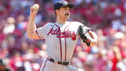 Atlanta Braves starting pitcher Spencer Strider throws during the first inning of a baseball game against the Cincinnati Reds, Saturday, July 2, 2022, in Cincinnati. (AP Photo/Jeff Dean)