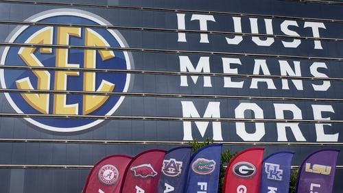 The SEC logo is displayed at the Hyatt Regency hotel, site of the SEC Media Days, Monday, July 19, 2021, in Hoover, Ala.
