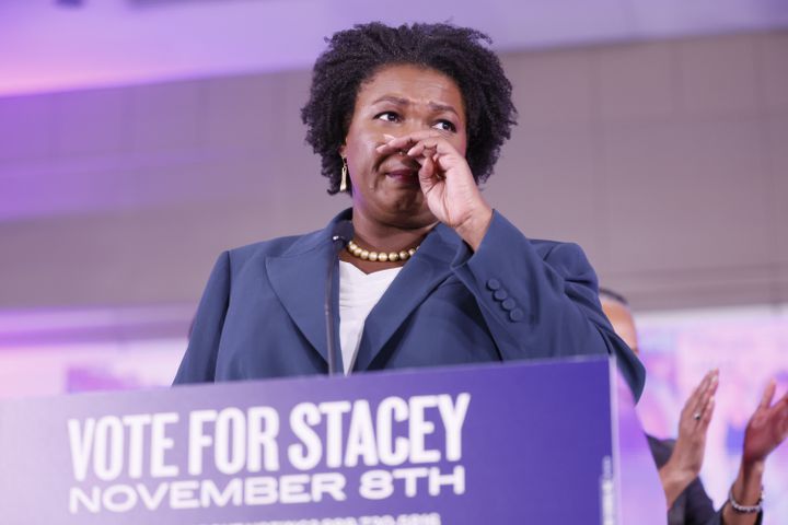Democratic Gubernatorial candidate Stacey Abrams battles some tears as she speaks to supporters during the election night watch party at the Hyatt Regency in Atlanta on Tuesday, November 8, 2022. Abrams has conceded; she called governor Bryan Kemp to congratulate him.
Miguel Martinez / miguel.martinezjimenez@ajc.com
