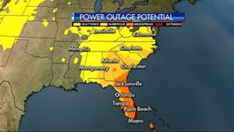 A map shows where power outages are likely to occur as a result of Hurricane Irma