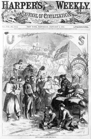 Santa through the years: An 1863 version of Santa is seen greeting Union soldiers in this Harper's Weekly cover artwork.