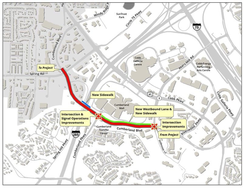 Map of the roadway project to improve the Cumberland Mall area that'll last 20 months