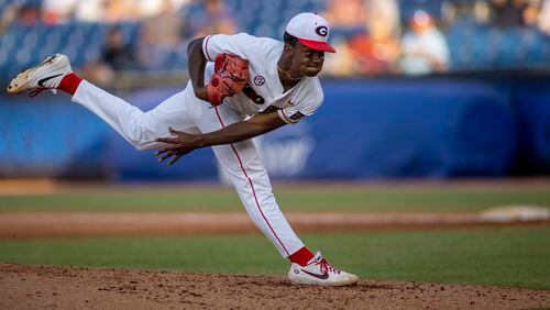 Georgia freshman pitcher Jaden Woods (17) was untouchable against LSU in the 3 2/3 innings of work at the SEC Tournament in Hoover, Ala., on Tuesday. Woods sat down all 10 batters he faced to earn the win in a 4-1 victory by the Bulldogs. (Photo by Vasha Hunt/SEC)