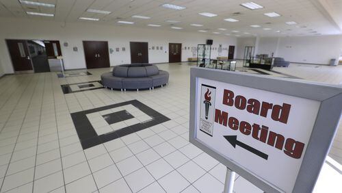 The lobby is empty while the public shelters in place as the Gwinnett County Board of Education conducts its first work session and budget meeting in cyberspace on Thursday, April 16, 2020, in Suwanee. CURTIS COMPTON CCOMPTON@AJC.COM