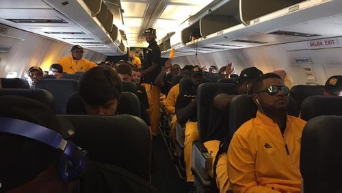 A view from the inside of the first flight in Kennesaw State football program history. It was also the first flight for Keagan Jordan, who promptly passed out on takeoff. Photo courtesy of KSU football's Facebook page.