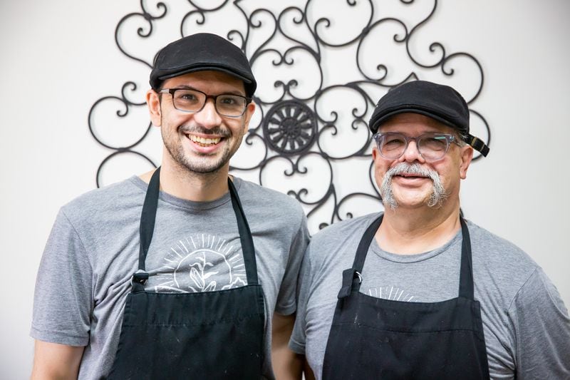 Molino Tortilleria founder Aaron Harris (left) relies on the help of his retiree father, Chester Harris, for tortilla production. Ryan Fleisher for The Atlanta Journal-Constitution 