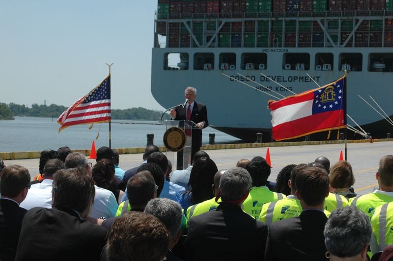 Gov. Nathan Deal speaks Friday, May 12, 2017, at the Garden City Terminal at the Savannah port at a ceremonny welcoming the Cosco Development, the largest container ship to ever port on the East Coast. J. Scott Trubey/strubey@ajc.com
