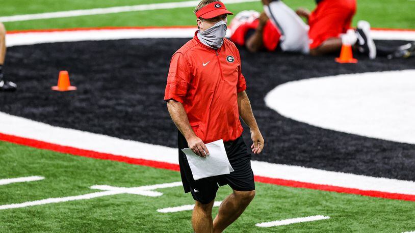 Georgia coach Kirby Smart during the Bulldogs’ practice in Athens, Ga., on Mon., Aug. 24, 2020. (Photo by Tony Walsh)
