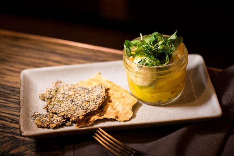 Sear Mason Jar Pickled Shrimp with fennel, sweet onion, jalapeno, citrus, cornichon, micro cilantro, and oat and seeds crackers. Photo credit- Mia Yakel.