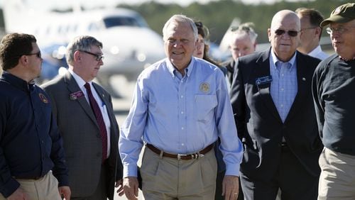 Governor Nathan Deal visited the Cook County airport in Adel, Georgia in January 2017 in the wake of deadly tornadoes and storms that hit southern Georgia. He took a tour of the damaged areas and talked with some of the victims. (DAVID BARNES / DAVID.BARNES@AJC.COM)