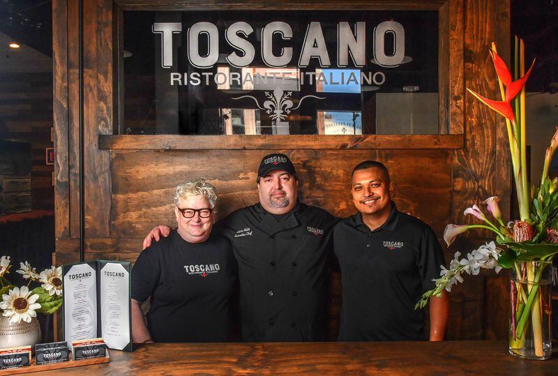 The team at Toscano Ristorante Italiano at Atlantic Station includes (from left) Linda Harrell (one of the owners), John Hults (executive chef) and Irvin Torres (general manager). Not pictured is another owner, Gianni Betti. (Chris Hunt for The Atlanta Journal-Constitution)