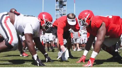 Georgia football players go nose to nose during a recent practice in Athens. (Courtesy of UGA football twitter)