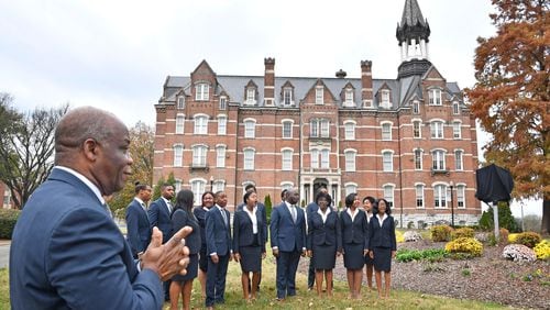 Dr. Paul T Kwami, Musical Director of the Fisk Jubilee Singers, listens as the Fisk Jubilee Singers sing a song as they were honored with a historic marker on the Fisk University campus. The marker commemorates the Singers and their departure from campus in 1871 to tour the United States and abroad to raise funds for Fisk University.