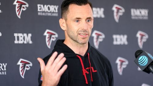 072822 Flowery Branch, Ga.: Atlanta Falcons vice president of player personnel Kyle Smith speaks to members of the media during training camp at the Falcons Practice Facility Thursday, July 28, 2022, in Flowery Branch, Ga. (Jason Getz / Jason.Getz@ajc.com)