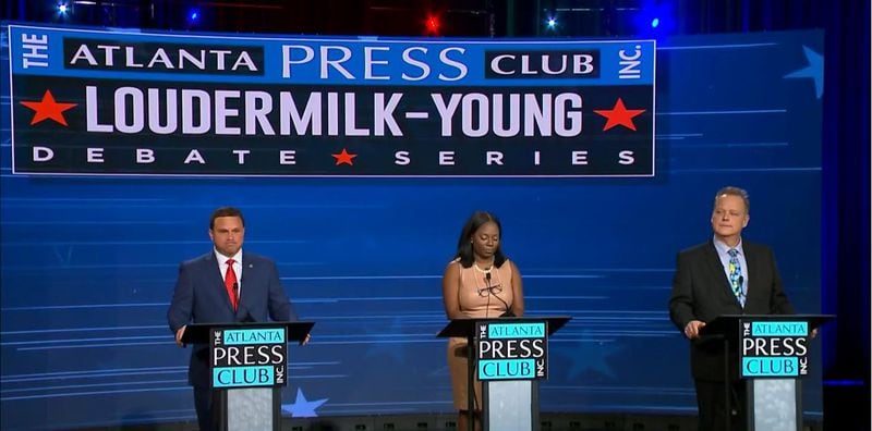 The candidates for Agriculture Commissioner, state Sen. Republican Tyler Harper (left), Democrat Nakita Hemingway (center) and Libertarian David Raudabaugh (right), join a debate hosted by The Atlanta Press Club on Monday, Oct. 17, 2022.