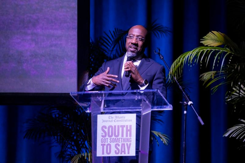 U.S. Sen. Raphael Warnock speaks to the crowd before the premiere of the AJC's documentary "The South Got Something to Say" Thursday, Nov. 2, 2023 at Center Stage in Atlanta.