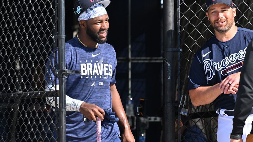 Braves center fielder Michael Harris smiles after batting practice during spring training at CoolToday Park in North Port, Florida. (Hyosub Shin / Hyosub.Shin@ajc.com)
