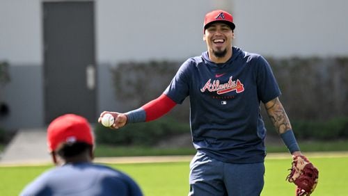 Braves shortstop Orlando Arcia breaks out laughing during spring training workouts at CoolToday Park, Saturday, Feb. 17, 2024, in North Port, Florida. (Hyosub Shin / Hyosub.Shin@ajc.com)