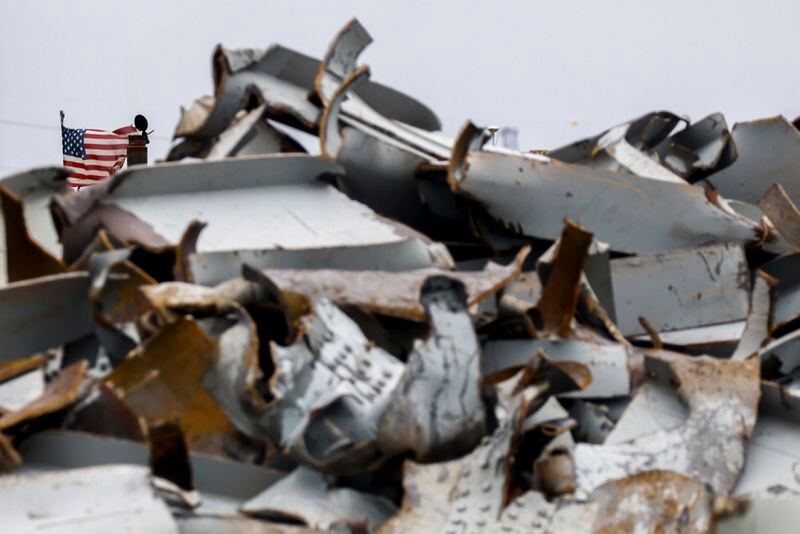 Salvaged pieces of the collapsed Francis Scott Key Bridge are shown at Tradepoint Atlantic, Friday, April 12, 2024, in Sparrows Point, Md. (AP Photo/Julia Nikhinson)
