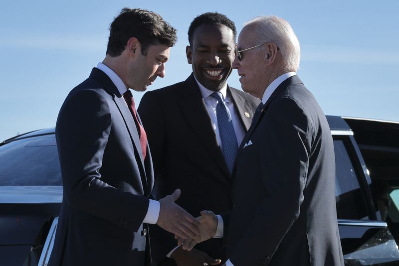 President Joe Biden, right, meets with Atlanta Mayor Andre Dickens, center, and U.S. Sen. Jon Ossoff during a visit to Georgia in January. The state will among those Biden will focus on in 2024 after scoring a narrow victory here in 2020, becoming the first Democratic presidential nominee to capture the state in decades. (Oliver Contreras/The New York Times)
