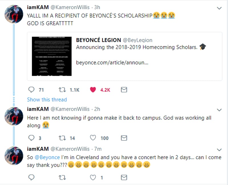 Kameron Willis tweets about his scholarship award.