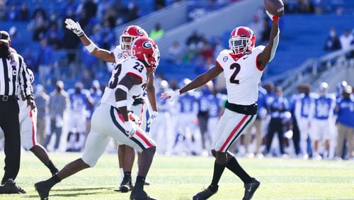 Georgia defensive back Richard LeCounte (2) celebrates recovering a fumble during the Bulldogs' game with Kentucky in Lexington, Ky., on Saturday, Oct. 31, 2020. (Photo by Michael Clubb/Kentucky Kernel)