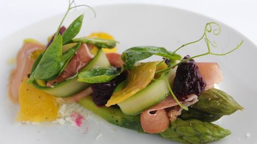 Asparagus Salad with shaved country ham, salt-roasted beets, belle chevre, watercress. (Beckysteinphotography.com)