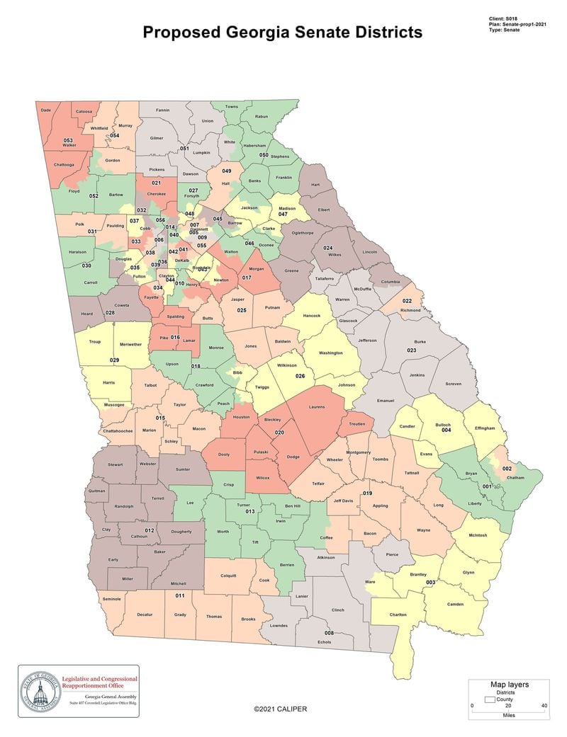 A map shows how Georgia's 56 Senate districts would be drawn during the 2021 redistricting session of the General Assembly.