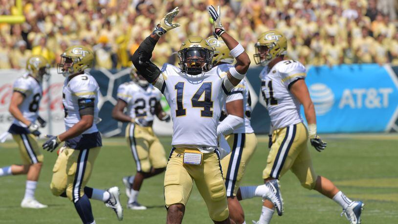 September 9, 2017 Atlanta - Georgia Tech defensive back Corey Griffin (14) reacts after an interception in the second half of the Georgia Tech home opener at Bobby Dodd Stadium on Saturday, September 9, 2017. Georgia Tech won 37-10 over the Jacksonville State. HYOSUB SHIN / HSHIN@AJC.COM