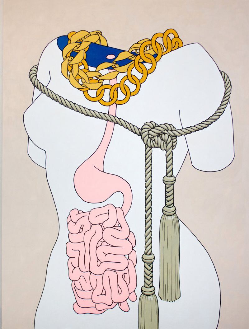 Caitlin Keogh’s painting, “Intestine and Tassels,” in acrylic on canvas, is part of “Gut Feelings” at Zuckerman Museum of Art. CONTRIBUTED BY WHITNEY MUSEUM OF AMERICAN ART, NEW YORK CITY