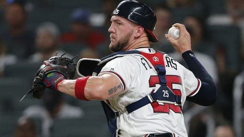Tyler Flowers and the Braves got a scare when the catcher was hit by a pitch while battig in the sixth inning Wednesday night and immediately had a grotesquely large welt develop on his forearm. (AP Photo/John Bazemore)