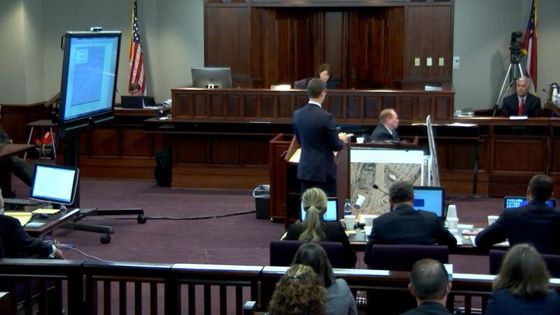 Defense lawyer Carlos Rodriguez cross examines David Brani, an expert in heat transfer, during the murder trial of Justin Ross Harris at the Glynn County Courthouse in Brunswick, Ga., on Wednesday, Oct. 19, 2016. (screen capture via WSB-TV)