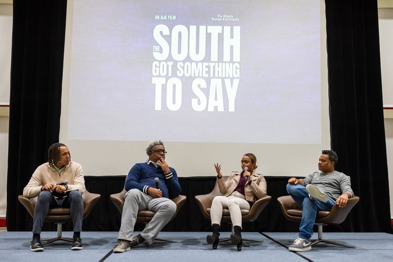 From left, Morehouse College student and AJC intern Auzzy Byrdsell, senior reporter Ernie Suggs, AJC culture reporter DeAsia Paige and AJC senior editor Mike Jordan participate in a panel discussion following a screening of the AJC's hip-hop documentary "The South Got Something to Say" at the Atlanta University Center Robert W. Woodruff Library on Thursday, Nov. 30, 2023. 
Bita Honarvar for The Atlanta Journal-Constitution