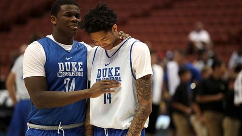 ANAHEIM, CA - MARCH 23: Sean Obi #34 and Brandon Ingram #14 of the Duke Blue Devils share a laugh during practice prior to the west regional of the NCAA Basketball Tournament at Honda Center on March 23, 2016 in Anaheim, California. (Photo by Sean M. Haffey/Getty Images)