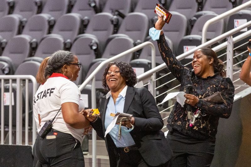 Tina Gaston Williams (right) and Stacy Gaston celebrate after making it through the interview process at the Hawks' inaugural "Interview Day" event at State Farm Arena on Saturday, September 10, 2022. (Photo: Steve Schaefer/steve.schaefer@ajc.com)