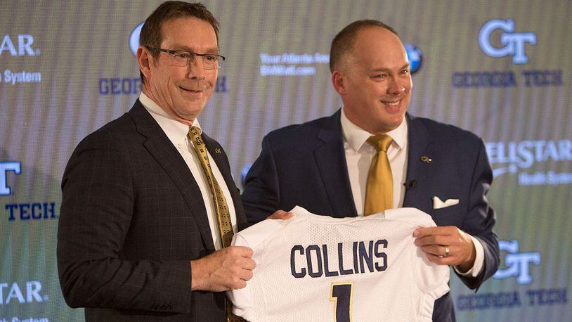 Athletic director Todd Stansbury (left) poses with Geoff Collins who was named Georgia Tech football coach at a news conference at Tech on December 7, 2018. (Photo by Phil Skinner/For the AJC)