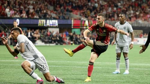 Atlanta United's Brooks Lennon attempts a shot against San Jose. Atlanta United pumped in 38 crosses, including corner kicks, against Toronto in its most recent match. Not all were hit from the primary assist zones, but most were. (Jason Getz file photo / Jason.Getz@ajc.com)