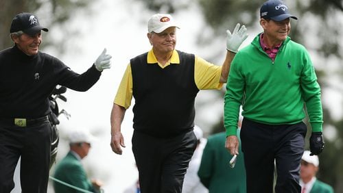 Gary Player, Jack Nicklaus, and Tom Watson react to the cheering gallery walking off the first tee during the Par 3 Contest at Augusta National Golf Club on Wednesday, April 6, 2016, in Augusta. Curtis Compton / ccompton@ajc.com