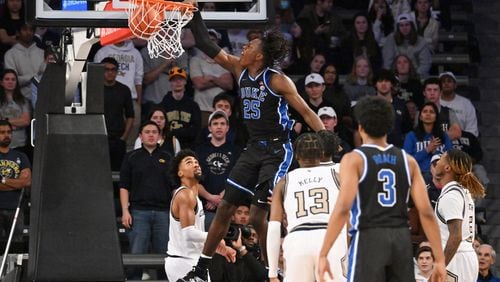 Duke forward Mark Mitchell dunks during the second half against host Georgia Tech last Saturday. The Yellow Jackets (8-13, 1-10 ACC) own their poorest league record after 11 games since the 2008-09 season and have lost nine league games by double digits. (Hyosub Shin / Hyosub.Shin@ajc.com)